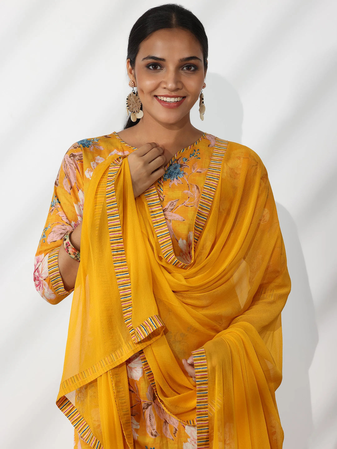  Mustard Printed Cotton Straight Suit With Dupatta 