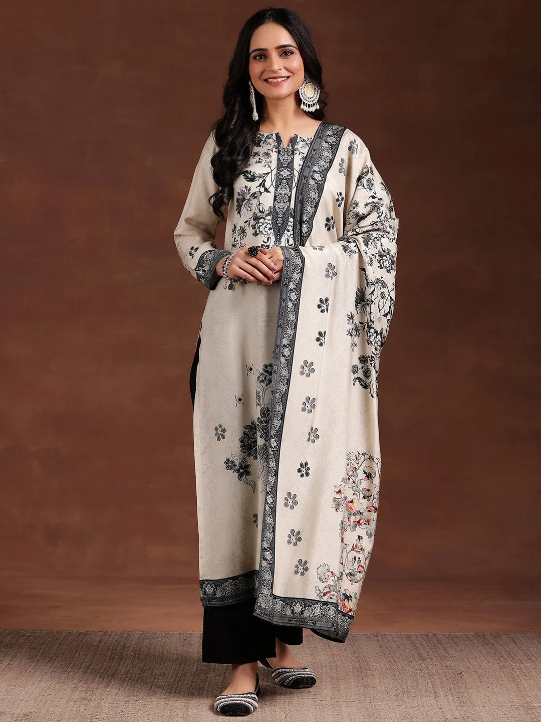  Monochrome Printed Silk Blend Straight Suit With Dupatta 