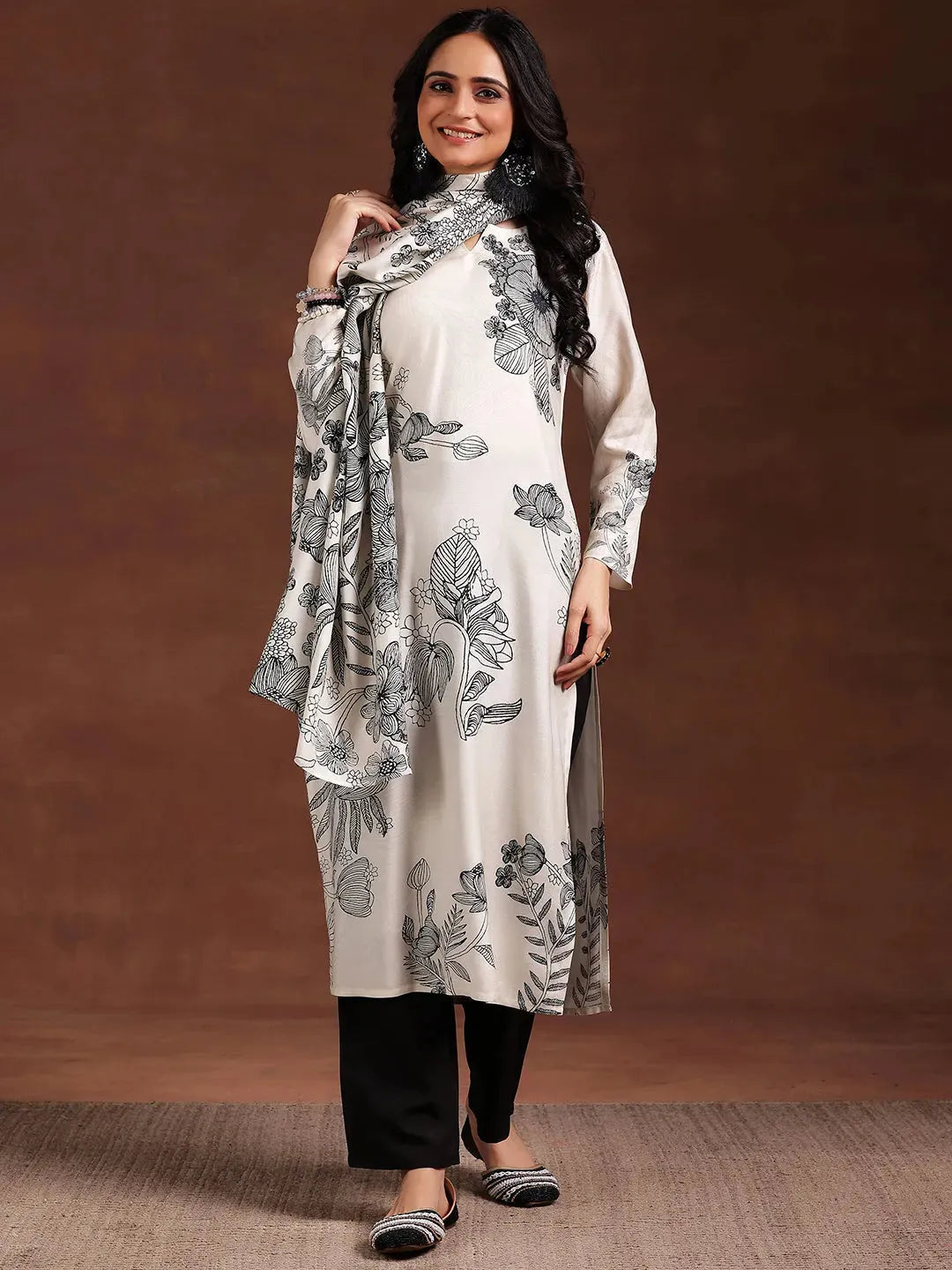 Monochrome Printed Silk Blend Straight Suit With Dupatta 