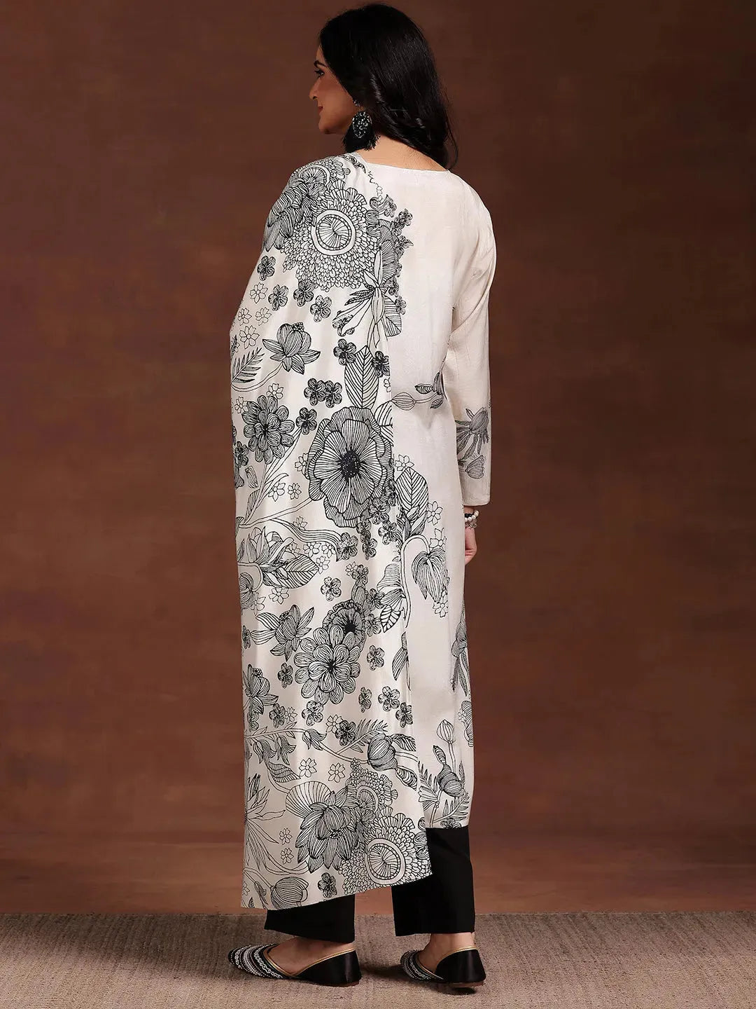  Monochrome Printed Silk Blend Straight Suit With Dupatta 