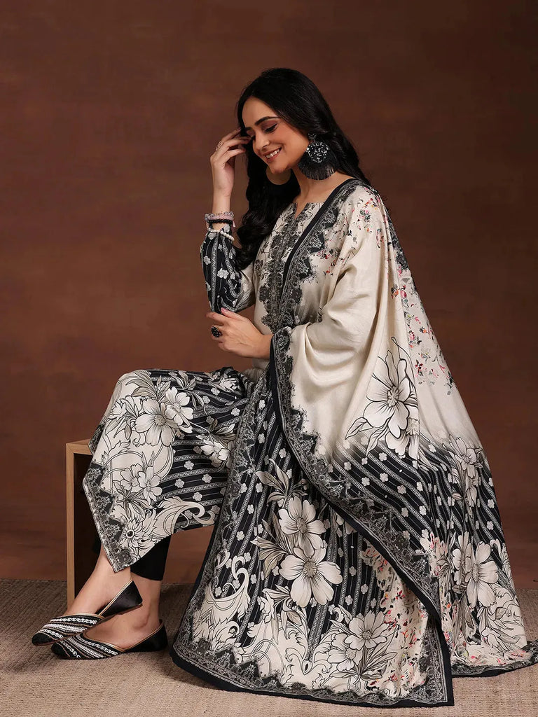 Libas Monochrome Printed Silk Blend Straight Suit With Dupatta