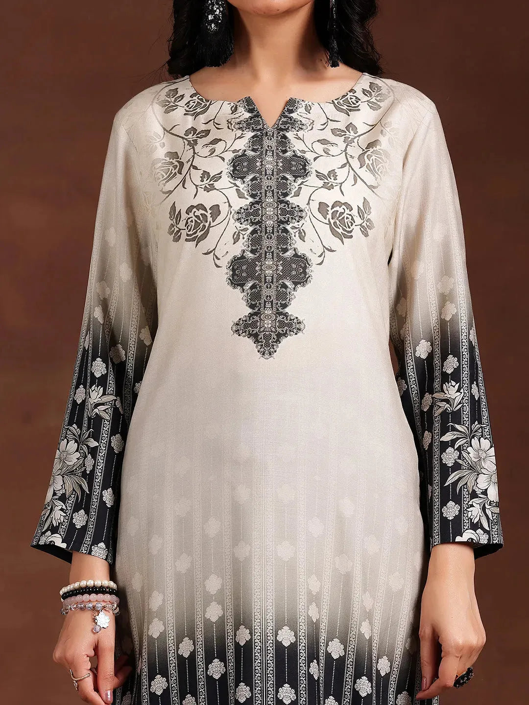  Monochrome Printed Silk Blend Straight Suit With Dupatta 