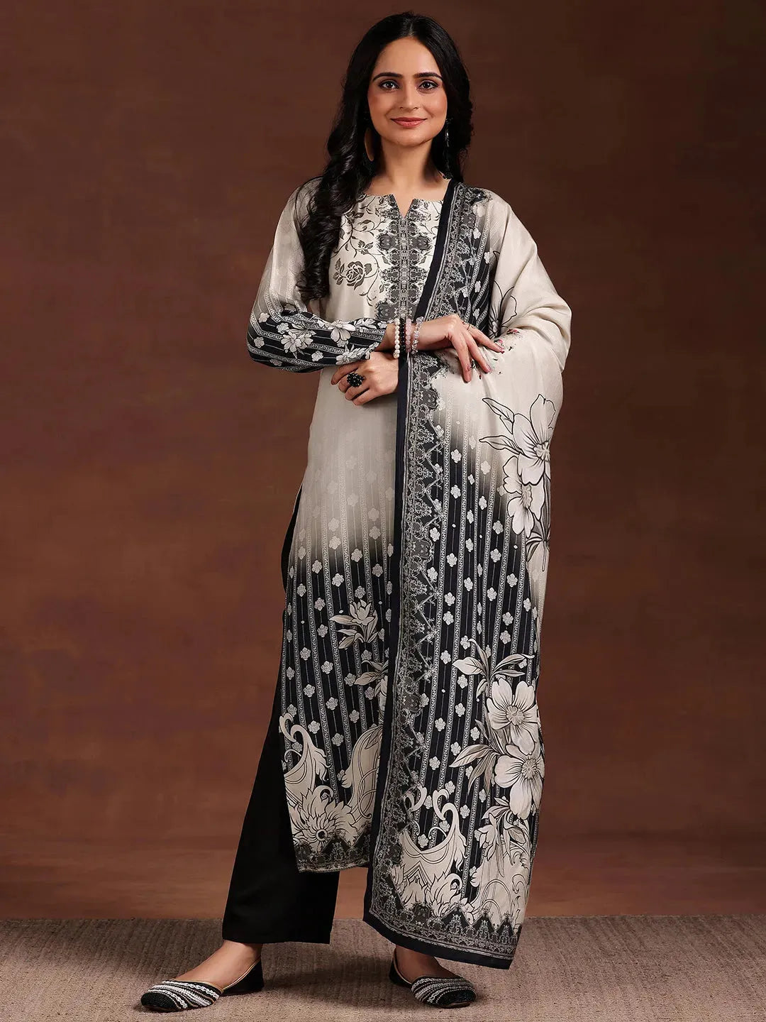  Monochrome Printed Silk Blend Straight Suit With Dupatta 