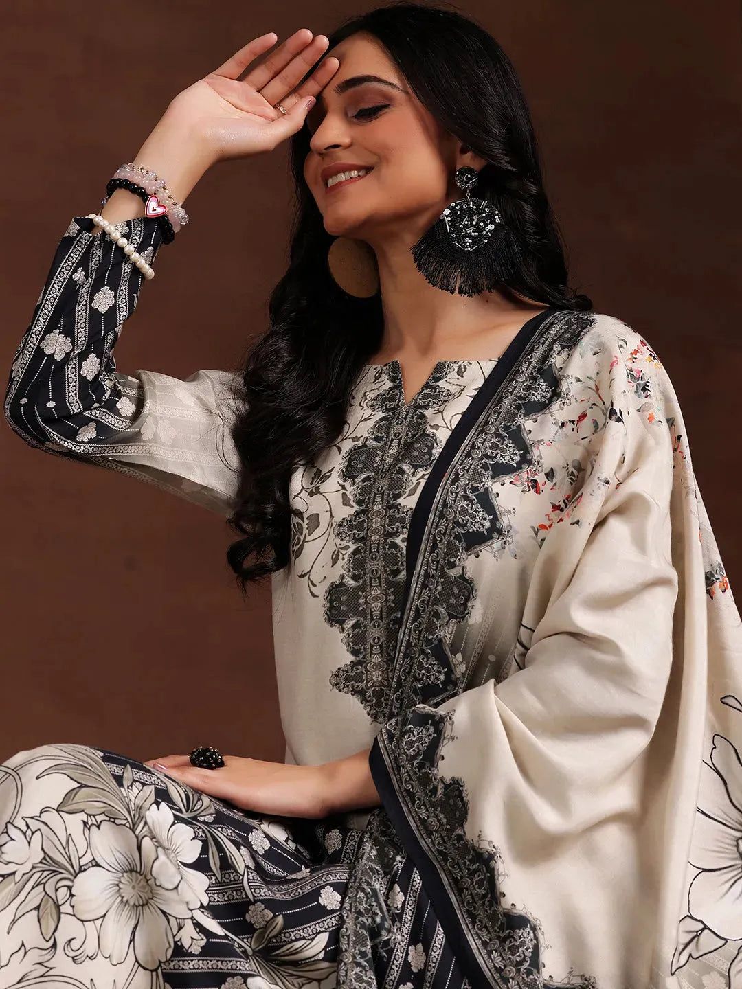  Monochrome Printed Silk Blend Straight Suit With Dupatta 