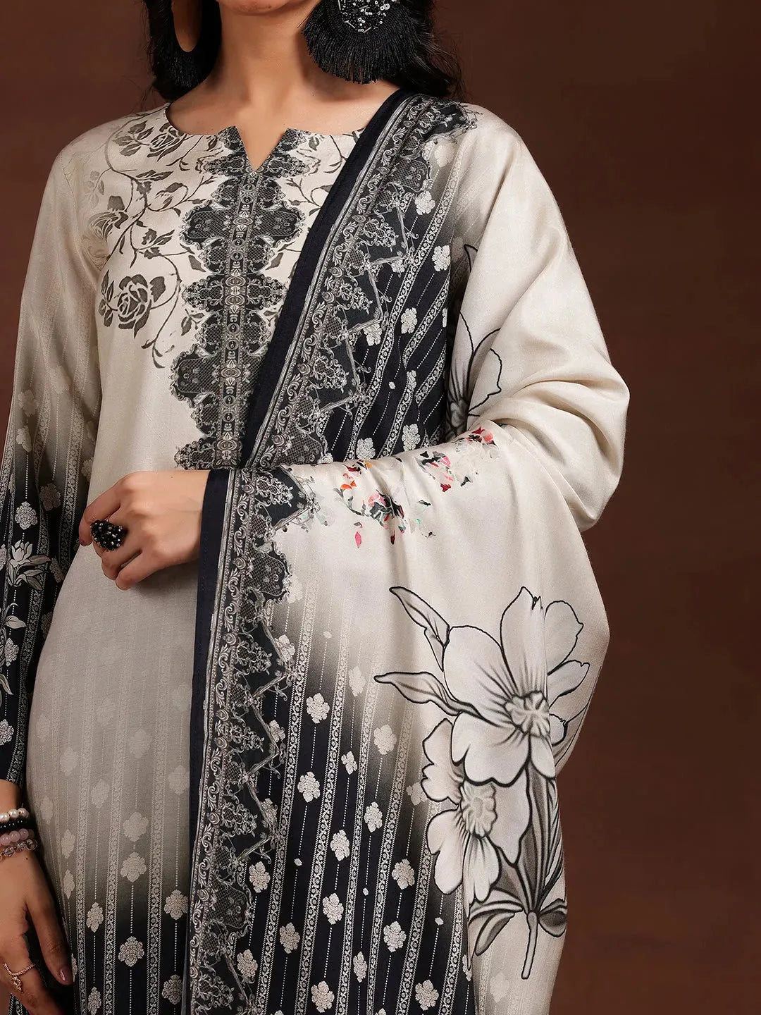  Monochrome Printed Silk Blend Straight Suit With Dupatta 
