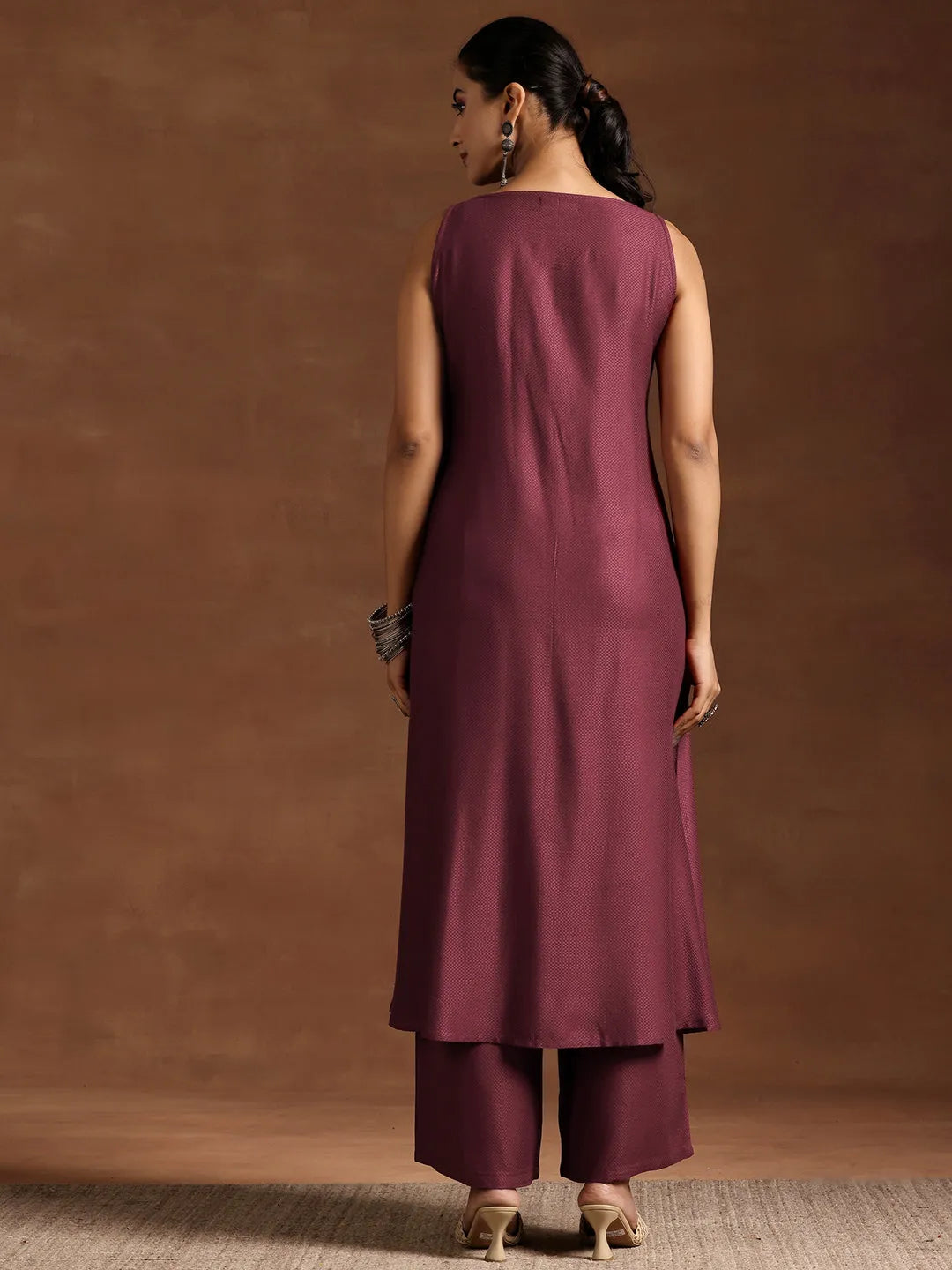  Wine Woven Design Silk Blend A-Line Kurta With Palazzos 