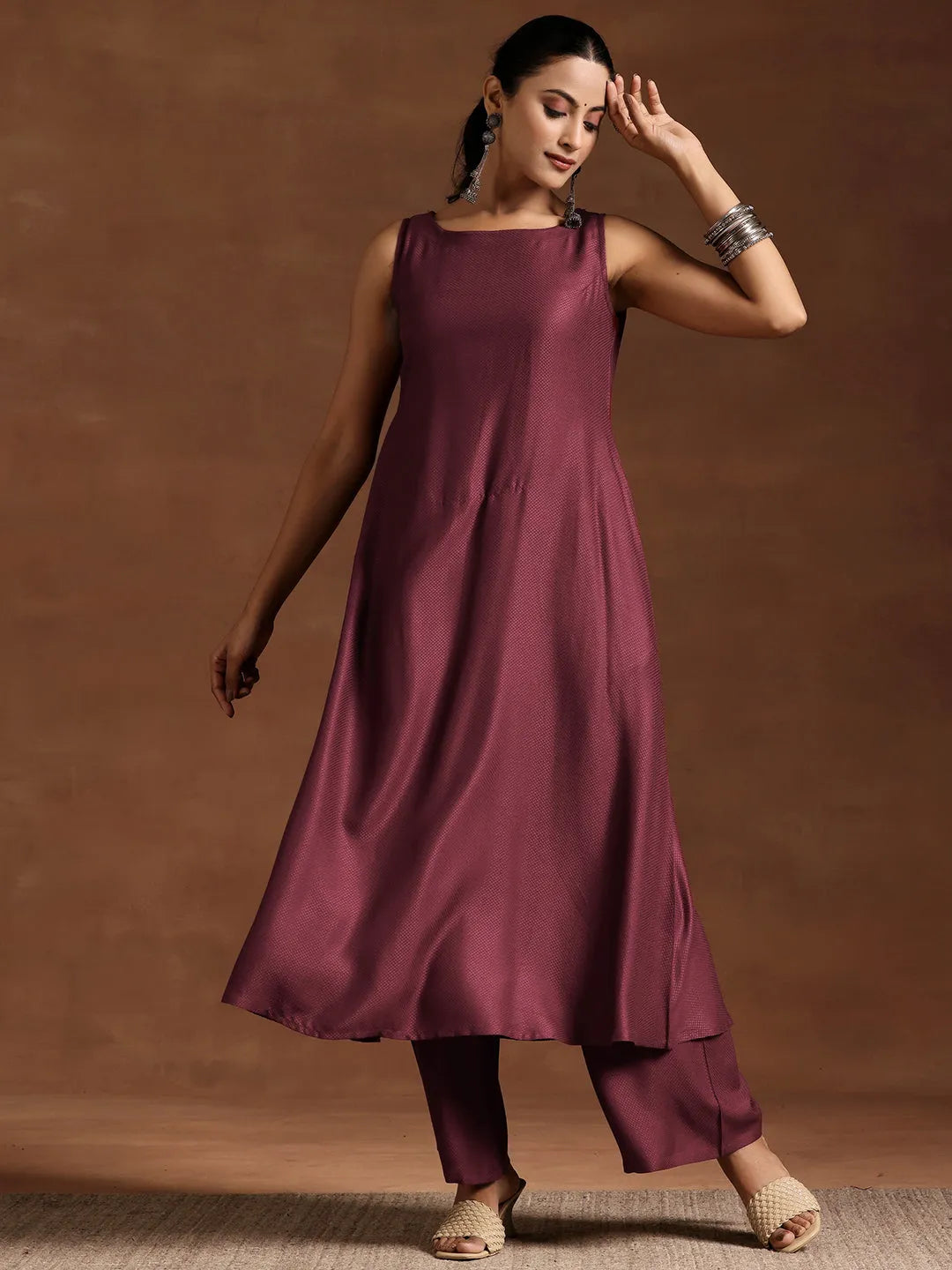  Wine Woven Design Silk Blend A-Line Kurta With Palazzos 