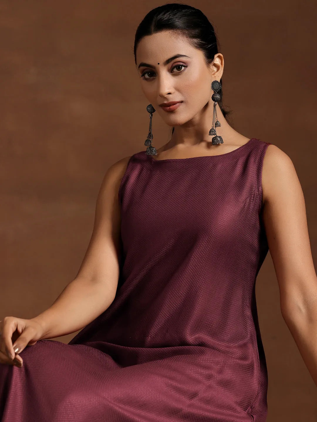  Wine Woven Design Silk Blend A-Line Kurta With Palazzos 