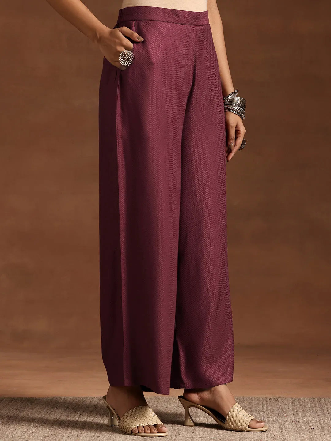  Wine Woven Design Silk Blend A-Line Kurta With Palazzos 
