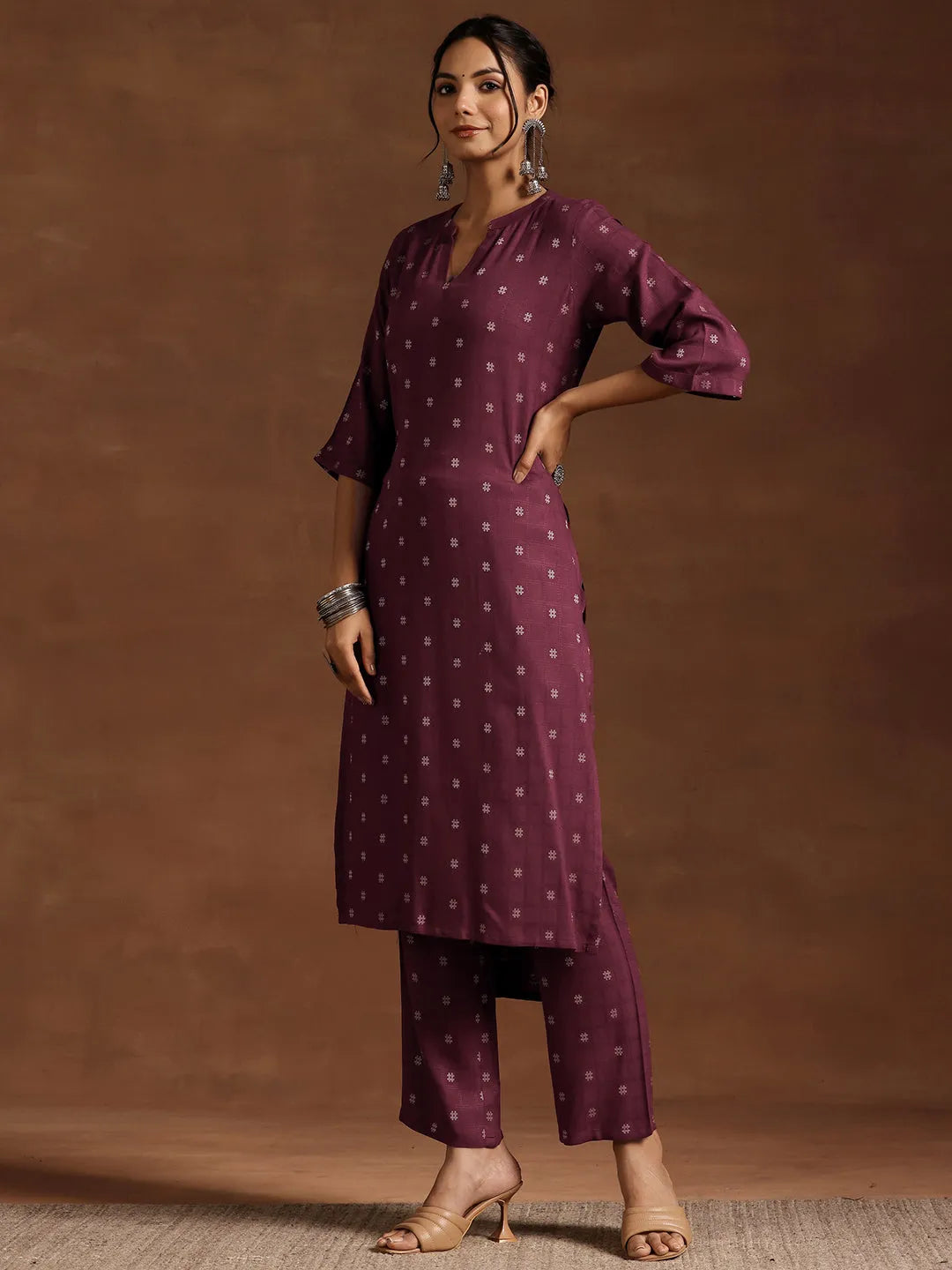  Wine Woven Design Cotton Blend Straight Kurta Set 