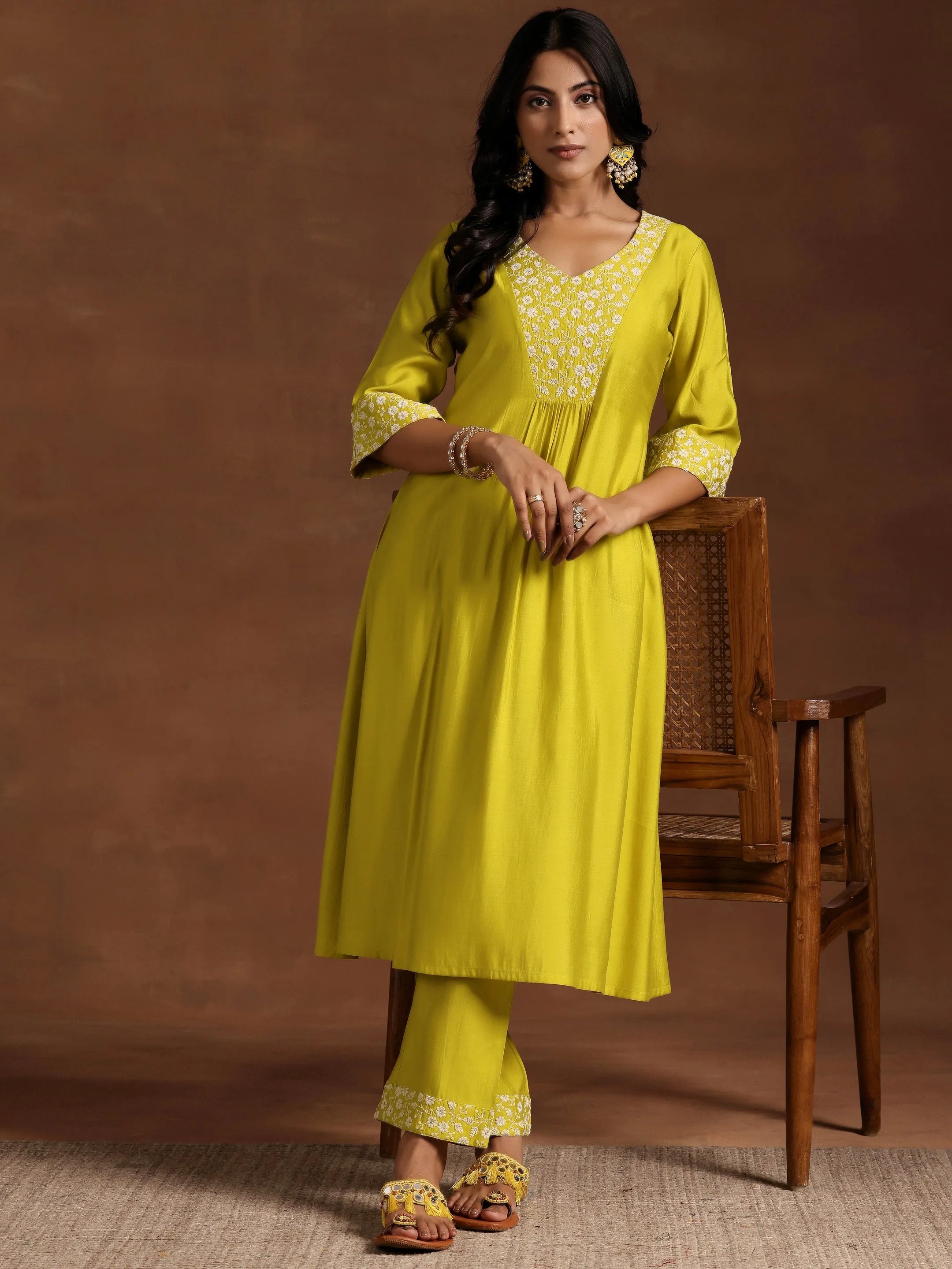 libas Yellow Yoke Design Silk Blend A-Line Kurta With Trousers-picture-25