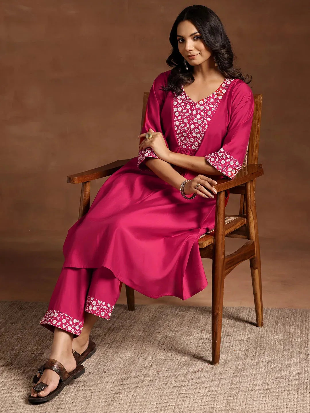  Pink Yoke Design Silk Blend A-Line Kurta With Trousers 