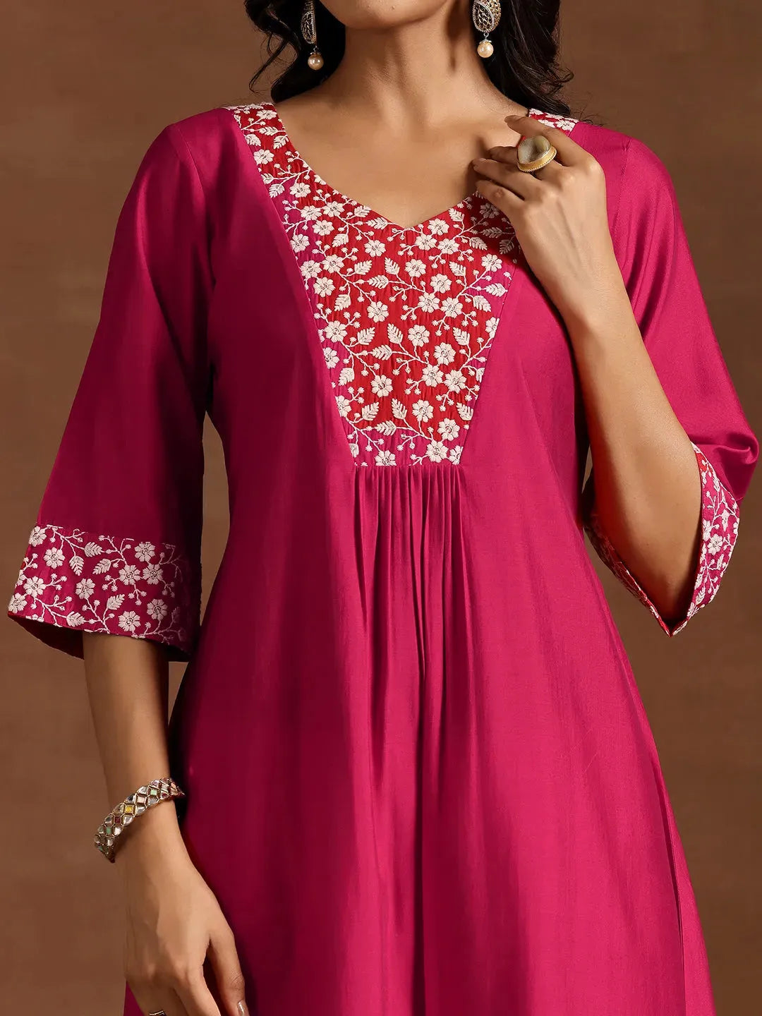  Pink Yoke Design Silk Blend A-Line Kurta With Trousers 