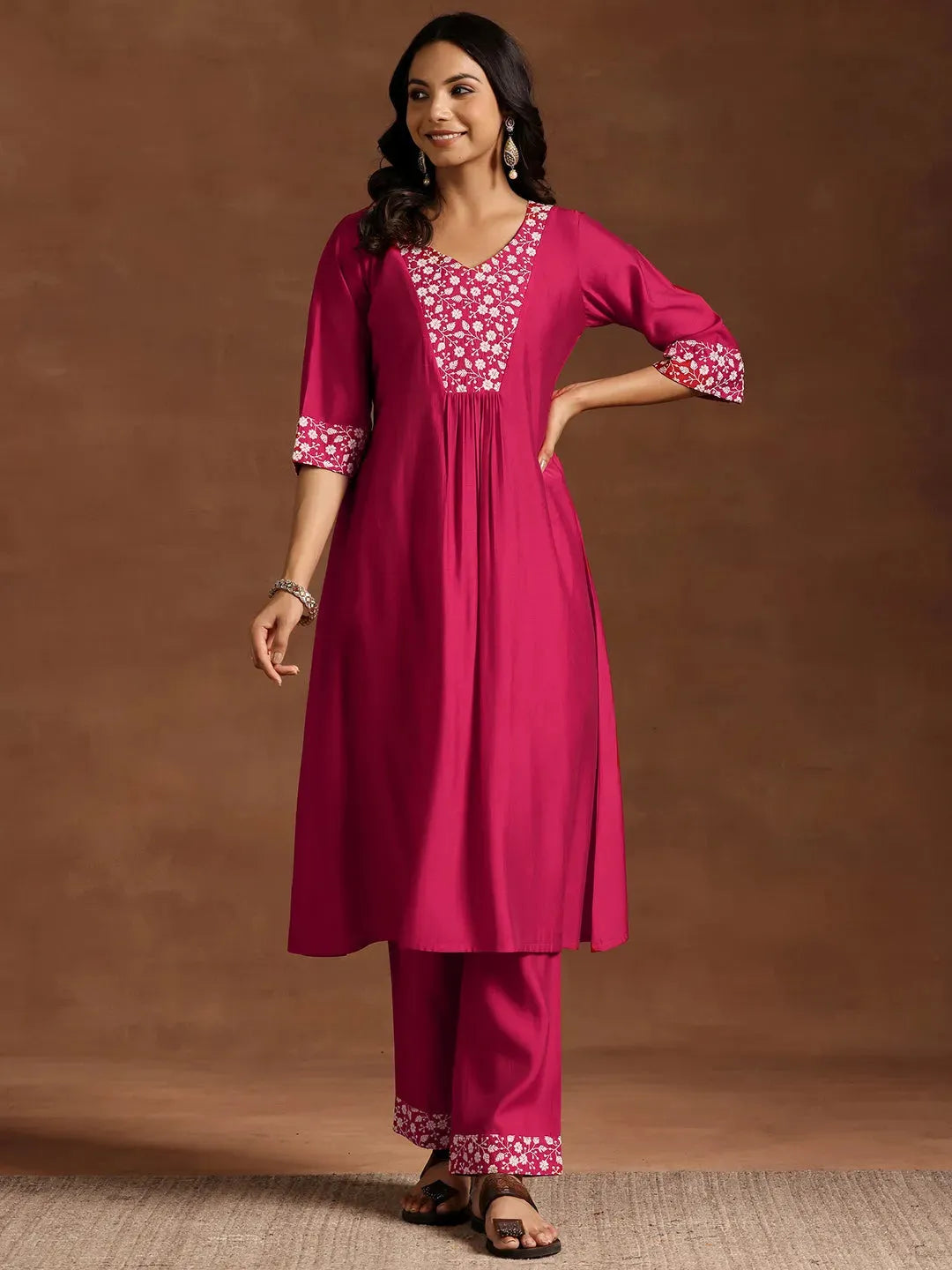  Pink Yoke Design Silk Blend A-Line Kurta With Trousers 