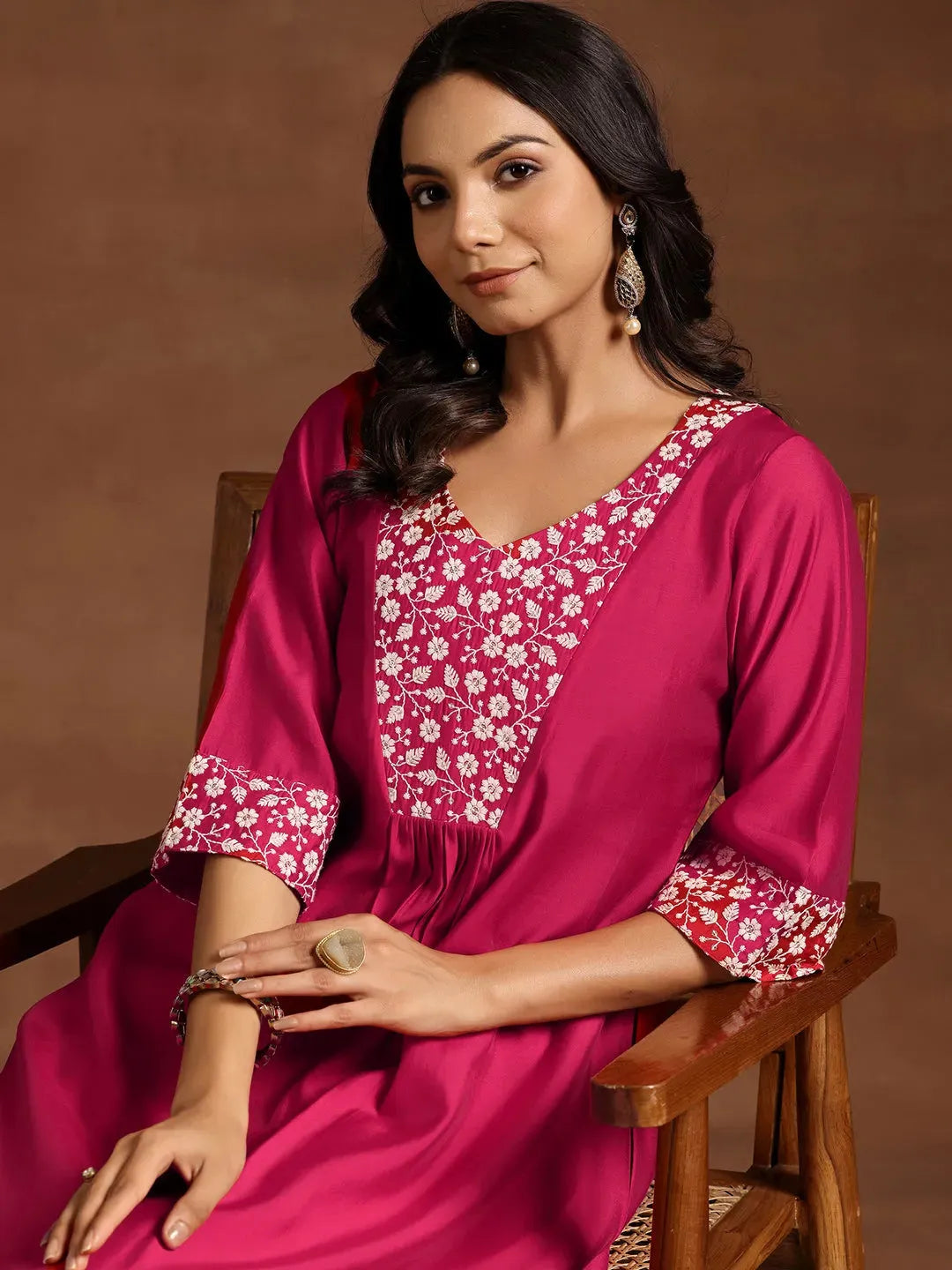  Pink Yoke Design Silk Blend A-Line Kurta With Trousers 
