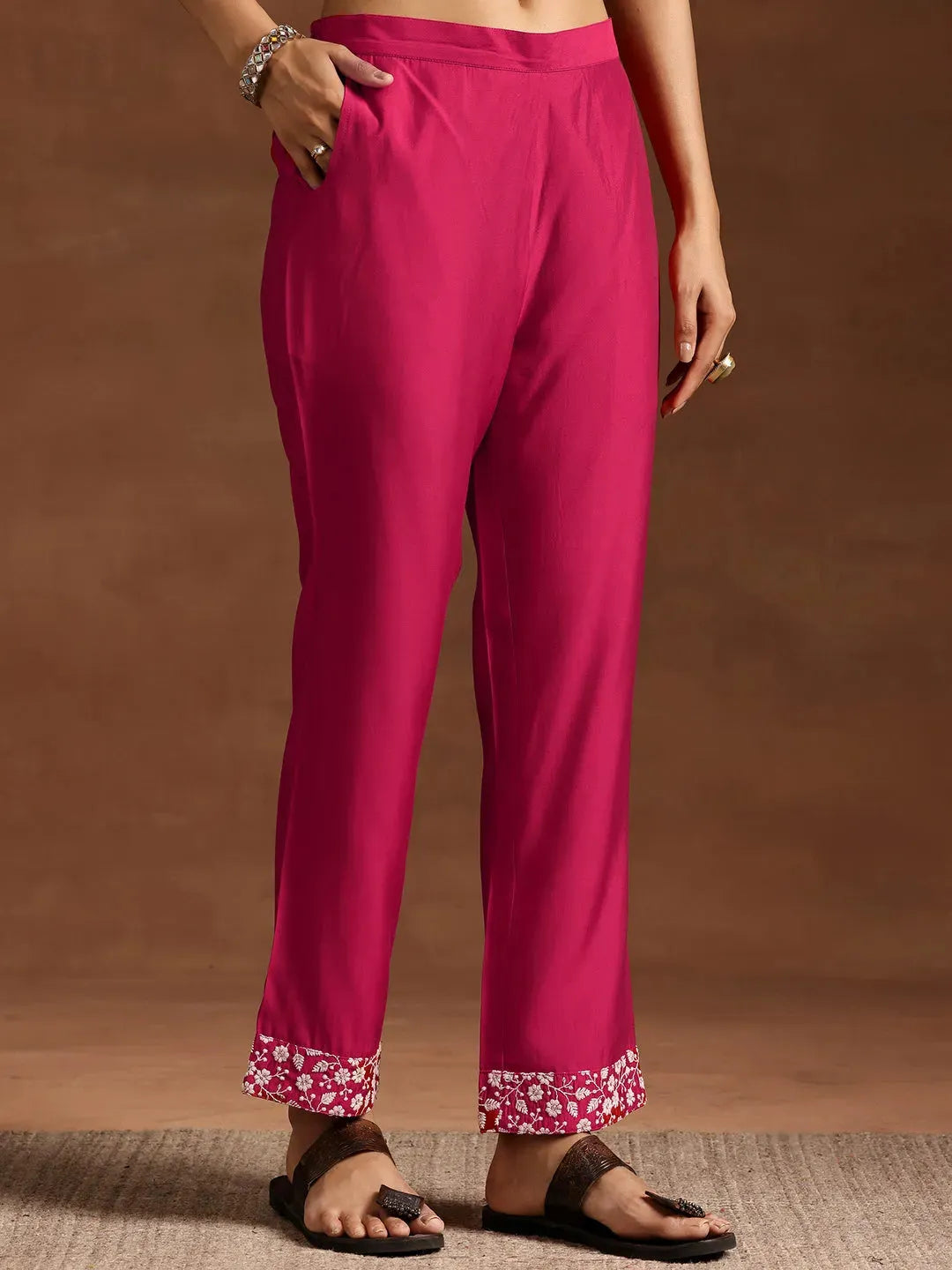  Pink Yoke Design Silk Blend A-Line Kurta With Trousers 