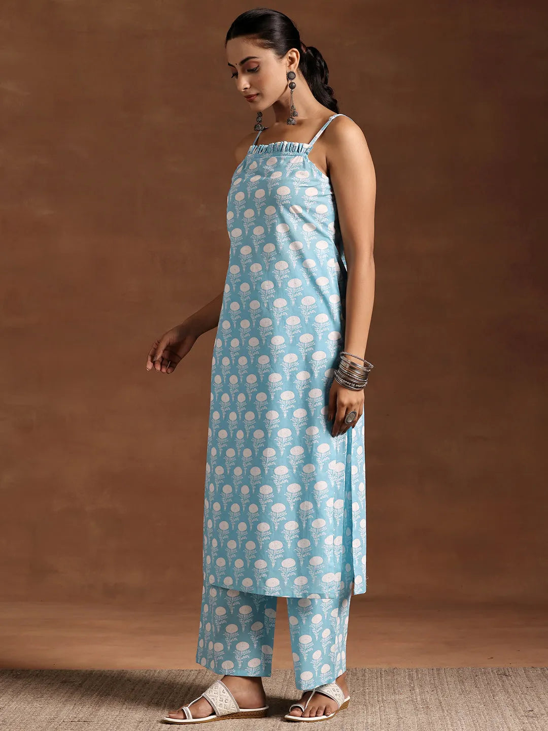  Blue Printed Cotton Straight Kurta Set 