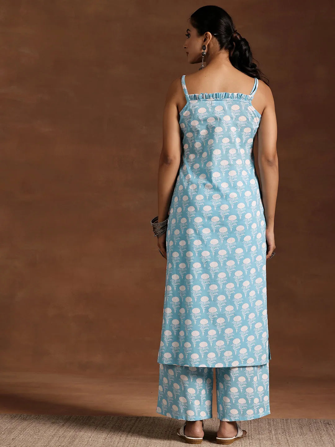  Blue Printed Cotton Straight Kurta Set 