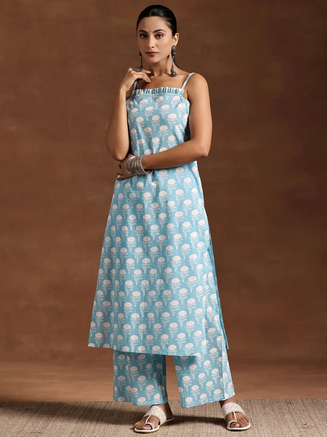 Blue Printed Cotton Straight Kurta Set-image-25