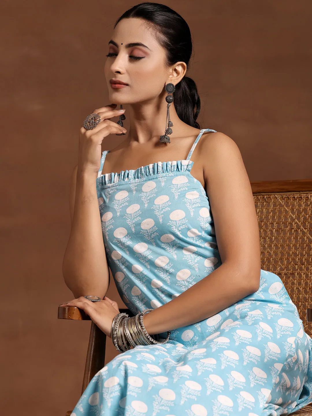  Blue Printed Cotton Straight Kurta Set 