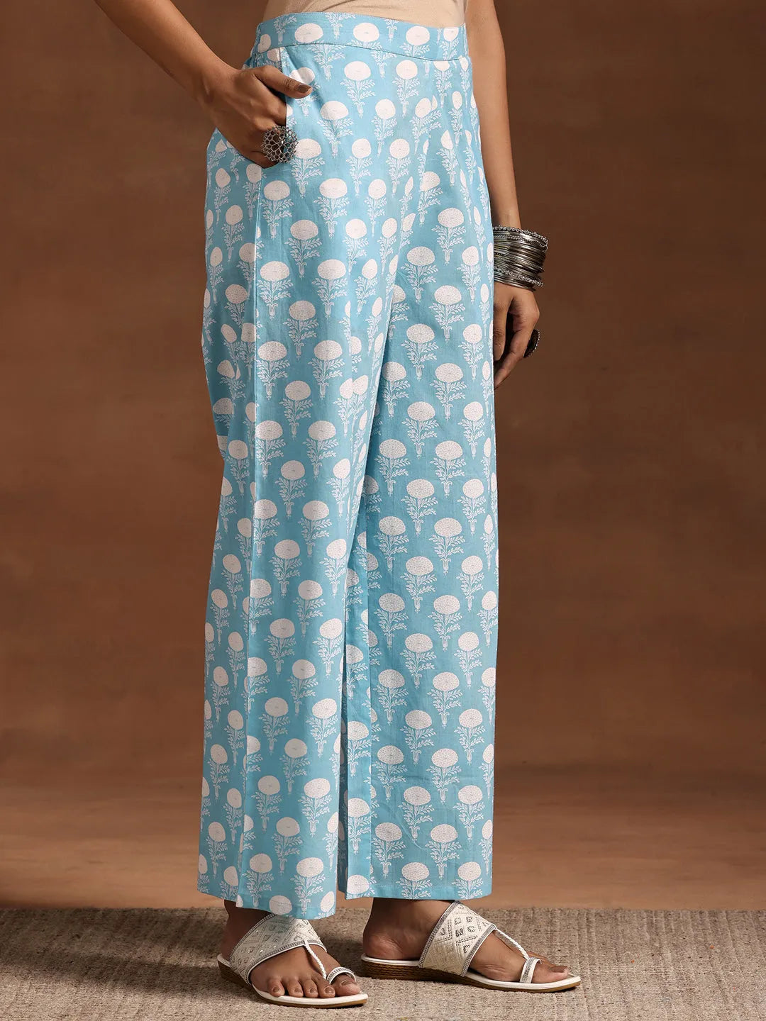  Blue Printed Cotton Straight Kurta Set 