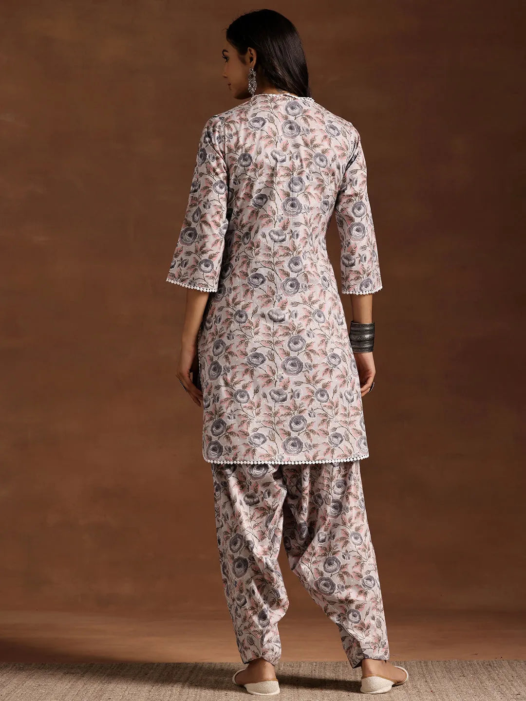  Grey Printed Cotton Straight Kurta Set 