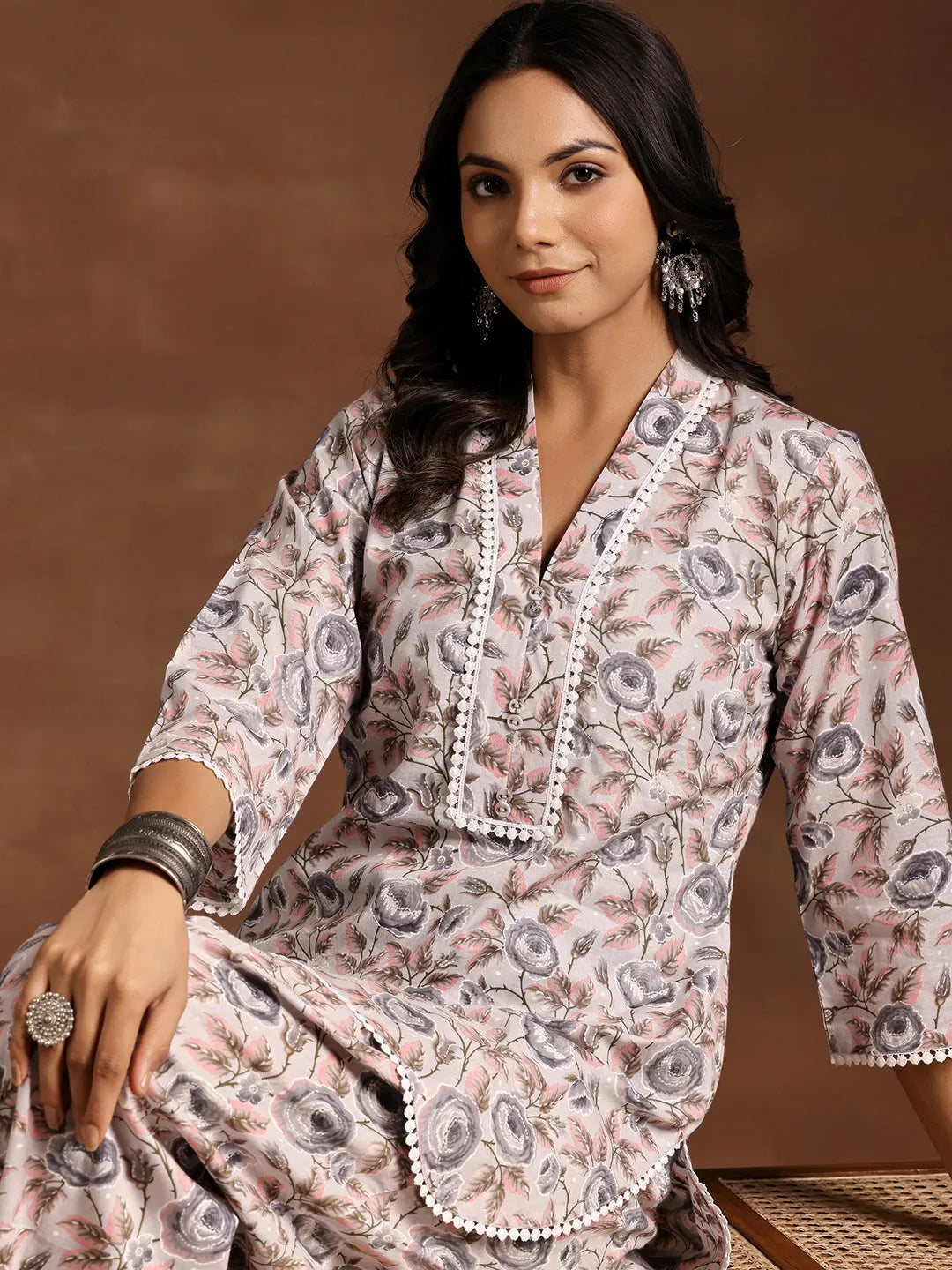  Grey Printed Cotton Straight Kurta Set 