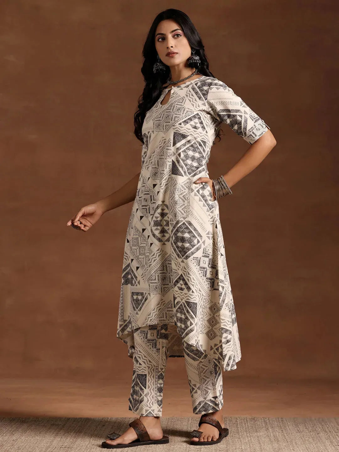  Beige Printed Cotton Straight Kurta Set 
