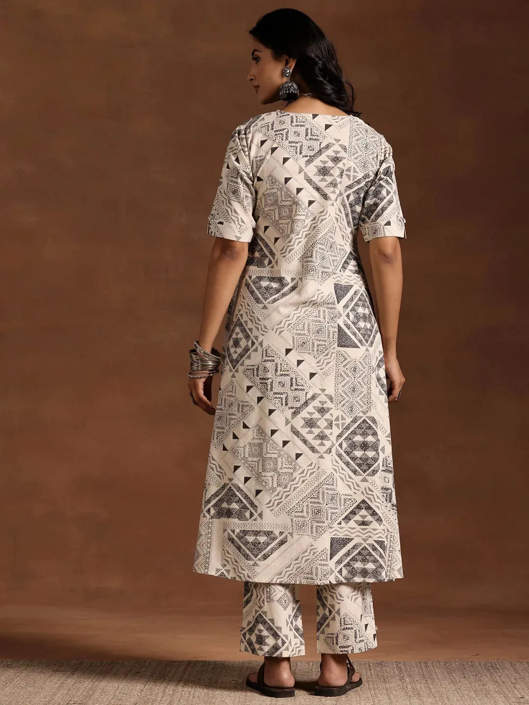  Beige Printed Cotton Straight Kurta Set 