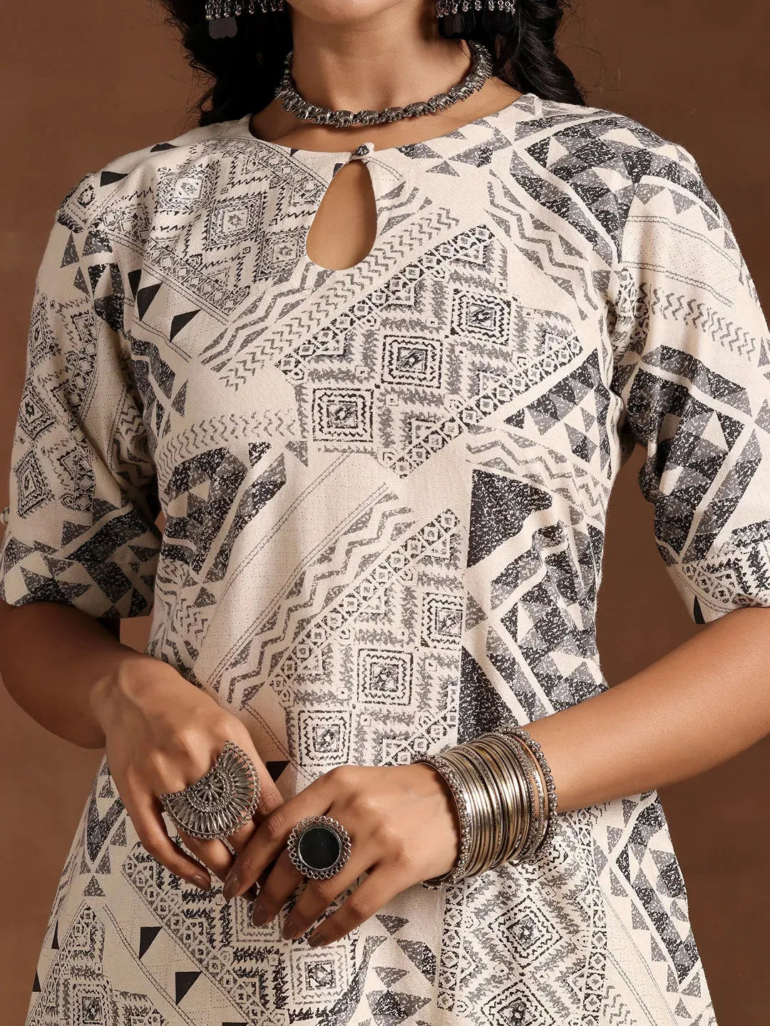  Beige Printed Cotton Straight Kurta Set 