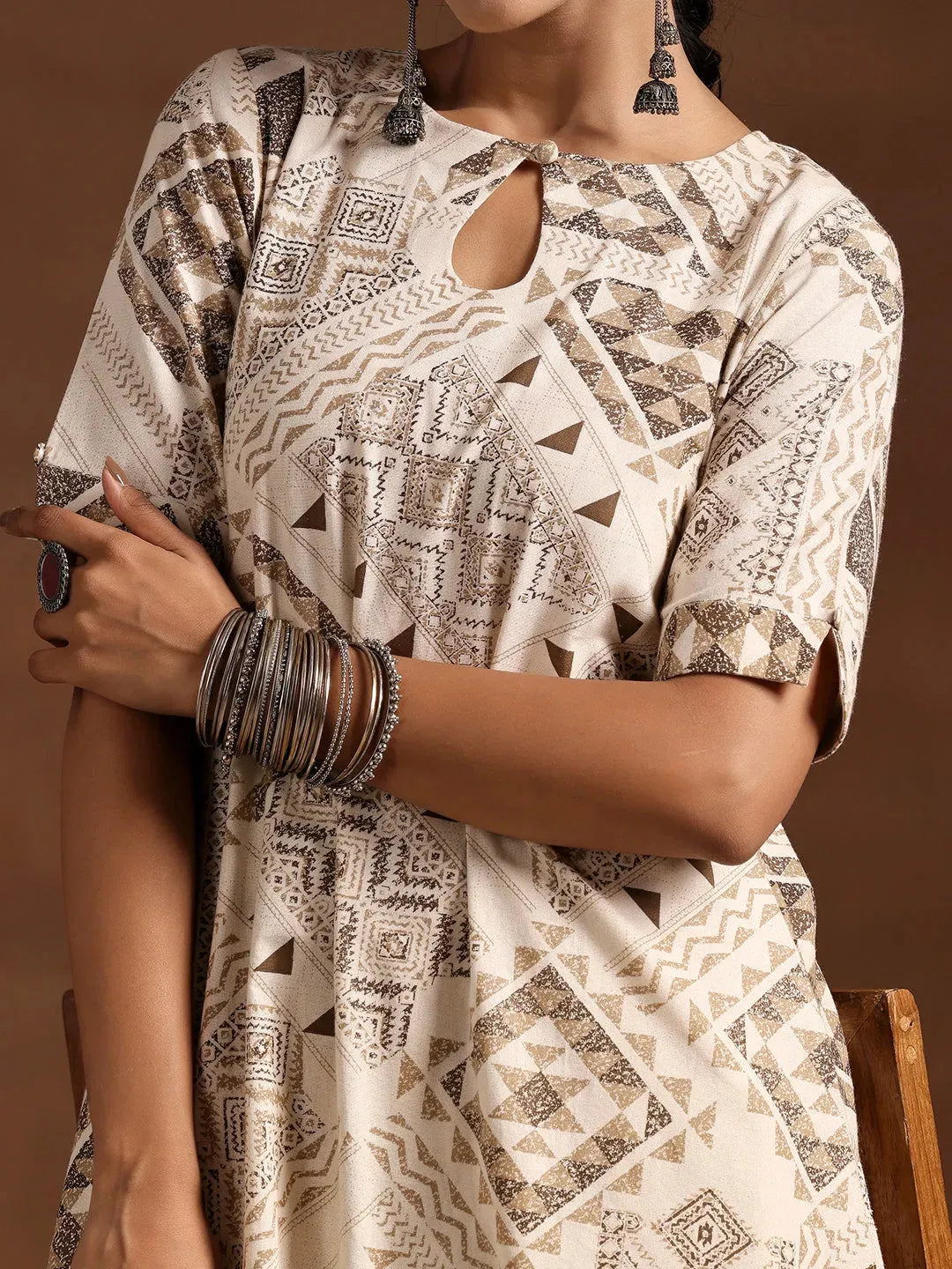  Beige Printed Cotton Straight Kurta Set 