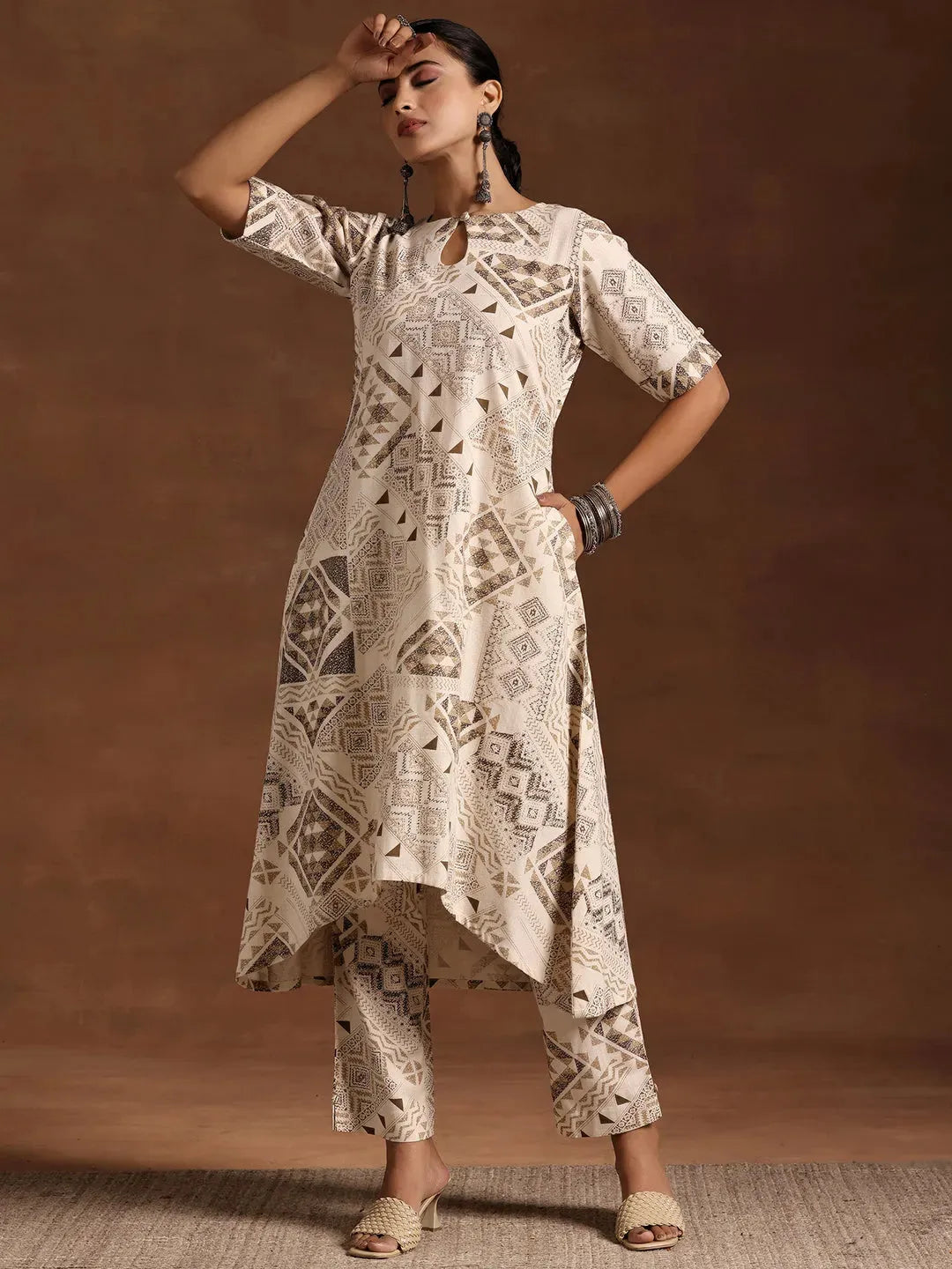  Beige Printed Cotton Straight Kurta Set 