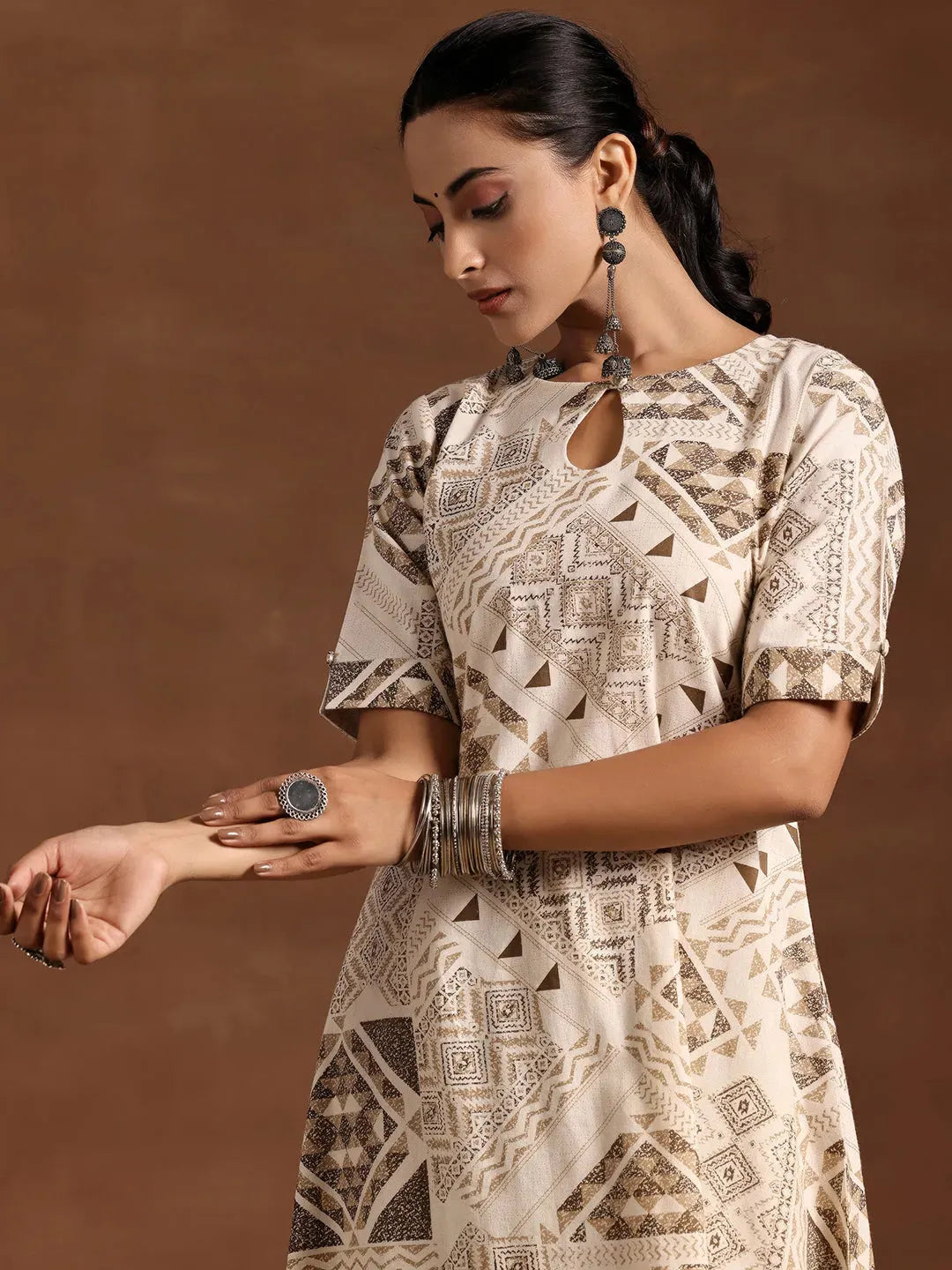 Beige Printed Cotton Straight Kurta Set 