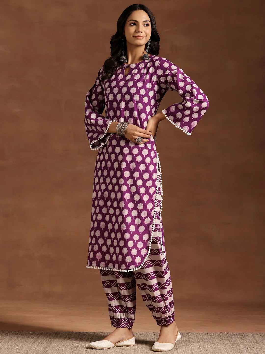  Purple Printed Cotton Straight Kurta Set 