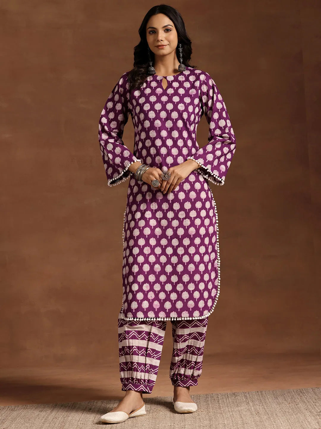  Purple Printed Cotton Straight Kurta Set 