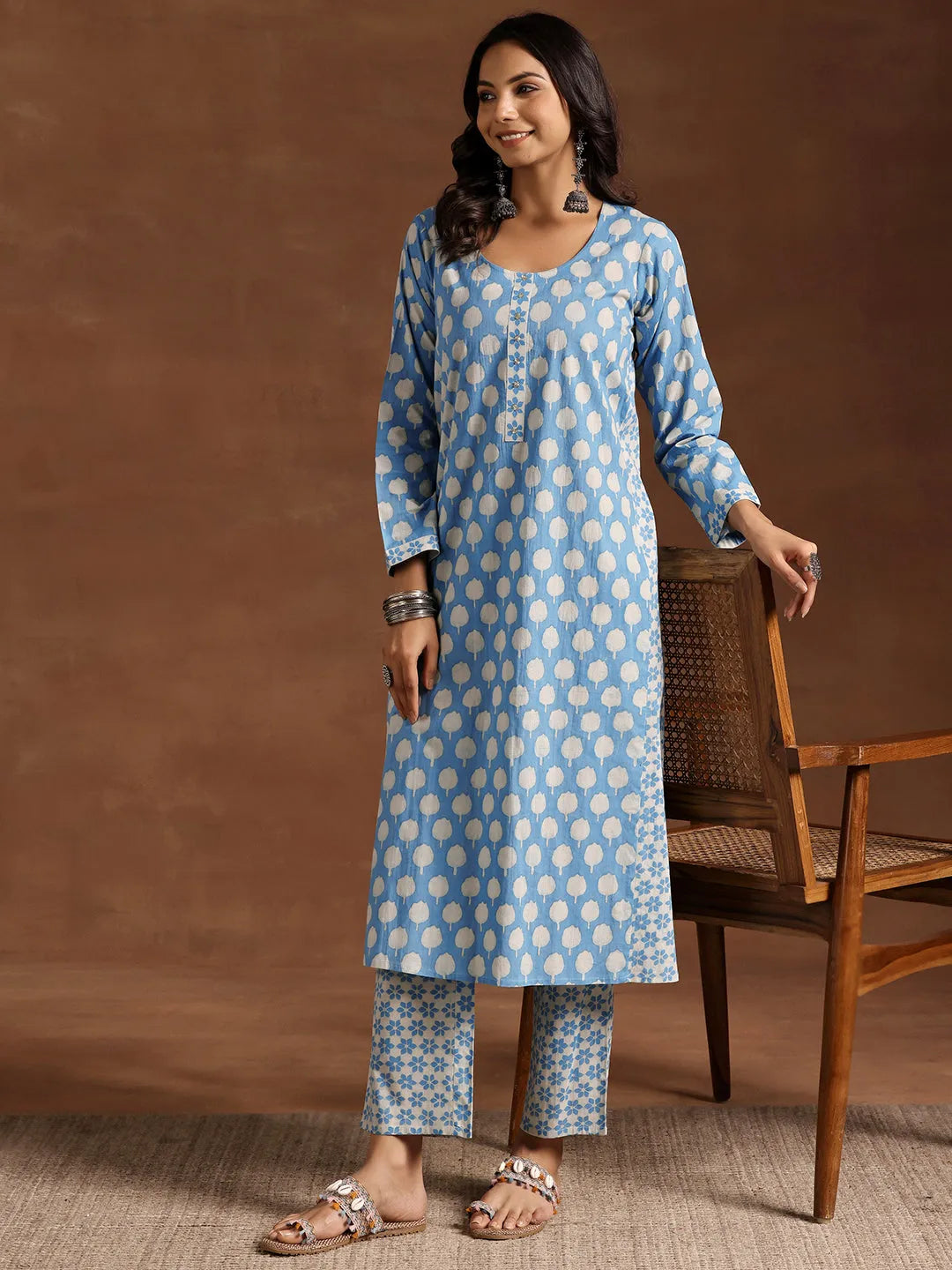 libas Blue Printed Cotton A-Line Kurta With Trousers-picture-50