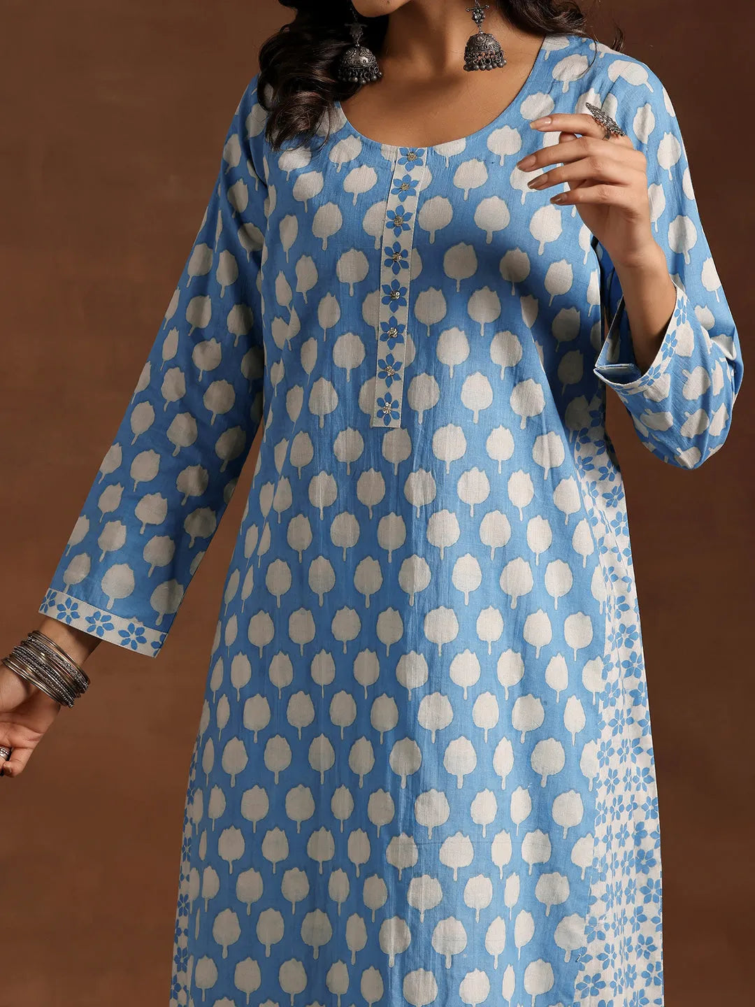  Blue Printed Cotton A-Line Kurta With Trousers 