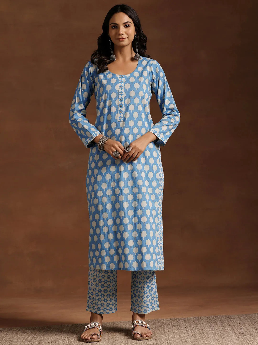  Blue Printed Cotton A-Line Kurta With Trousers 