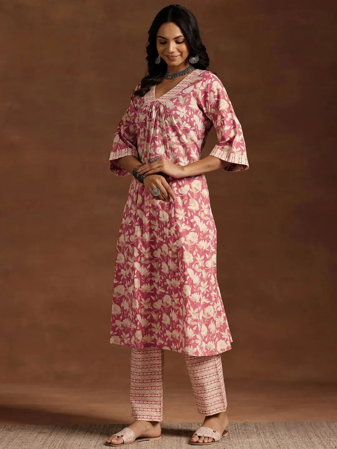  Peach Printed Cotton A-Line Kurta With Trousers 