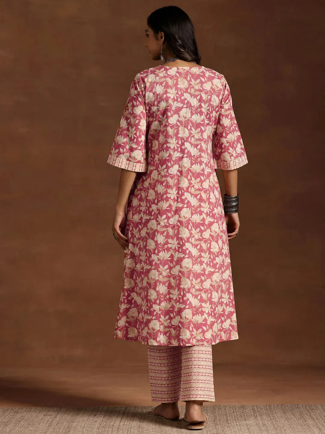  Peach Printed Cotton A-Line Kurta With Trousers 