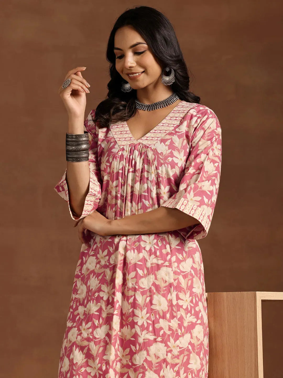  Peach Printed Cotton A-Line Kurta With Trousers 
