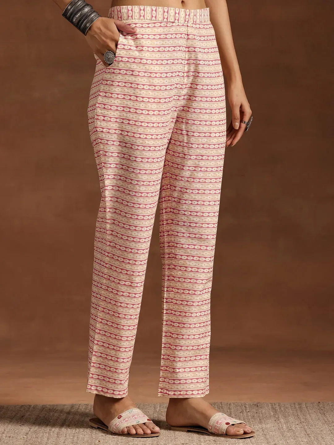  Peach Printed Cotton A-Line Kurta With Trousers 