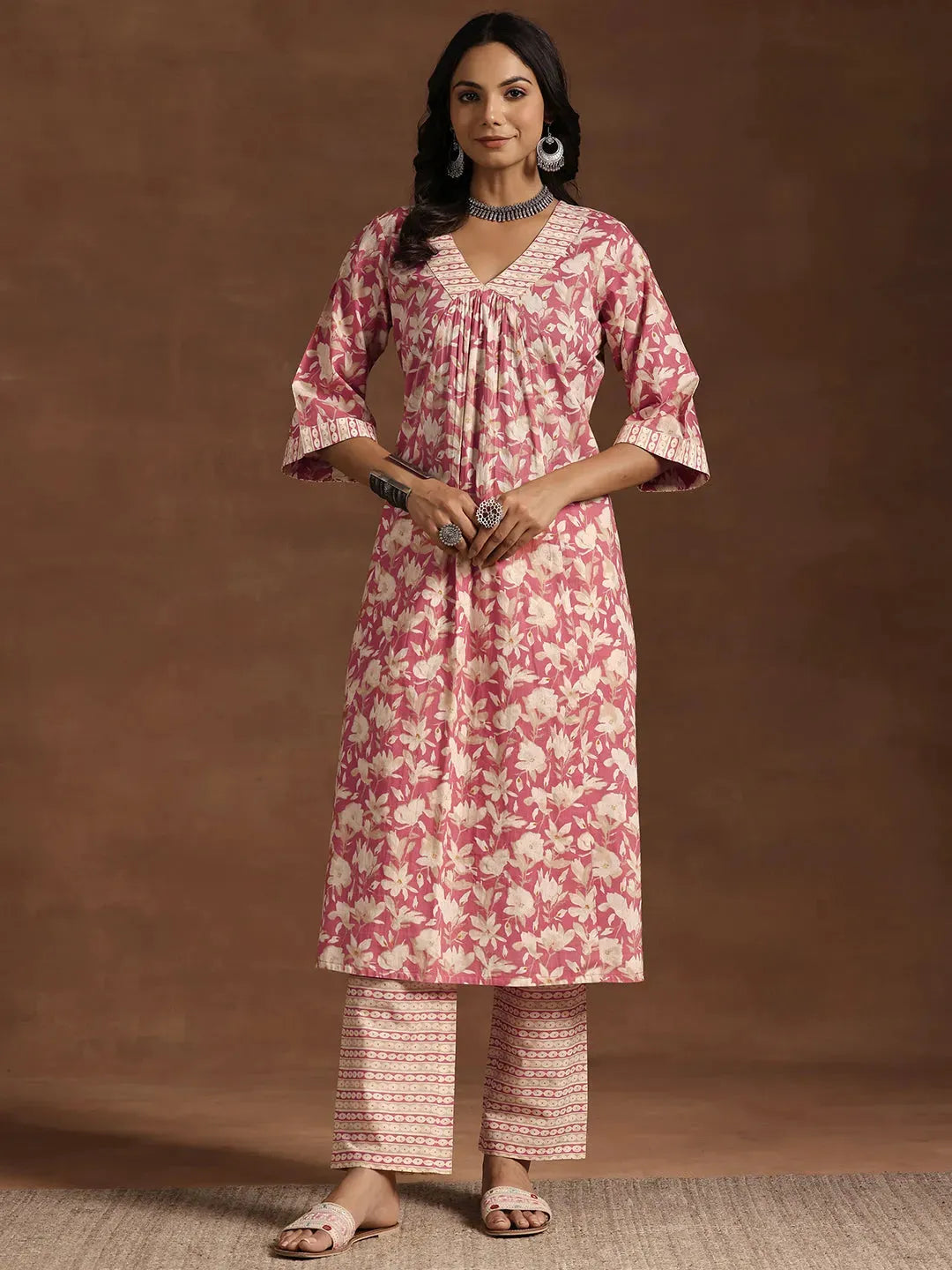  Peach Printed Cotton A-Line Kurta With Trousers 