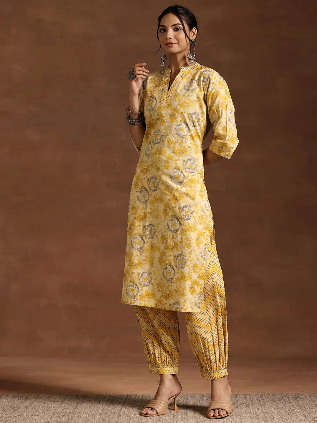  Mustard Printed Cotton Straight Kurta Set 