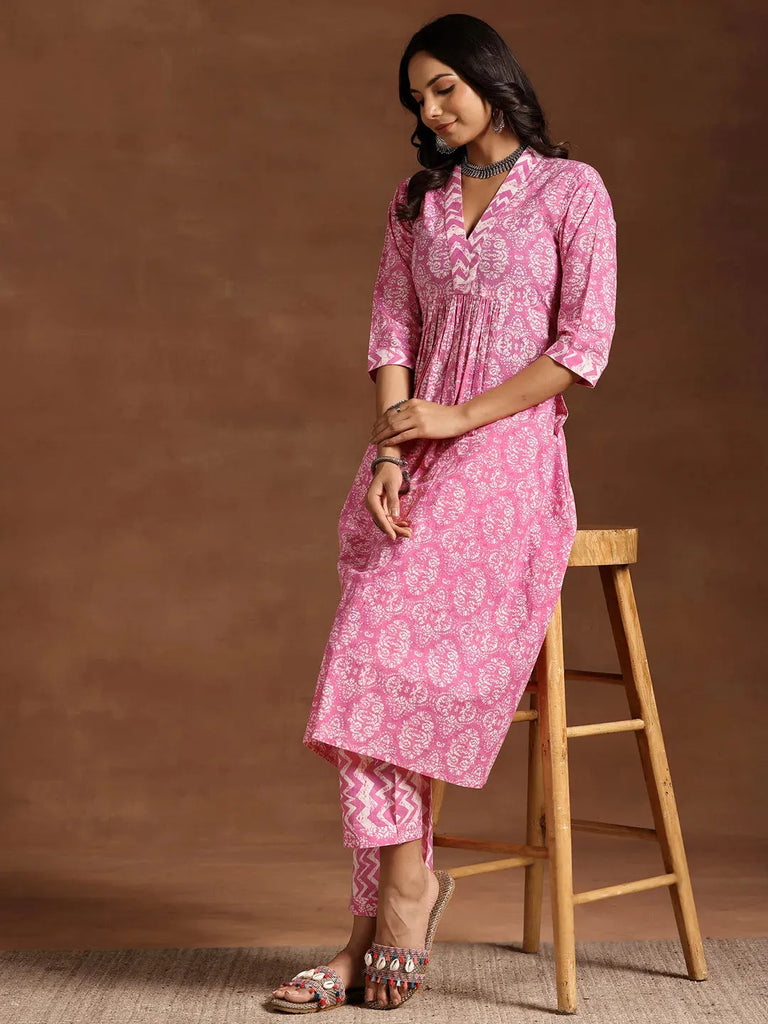 Libas Pink Printed Cotton A-Line Kurta With Trousers