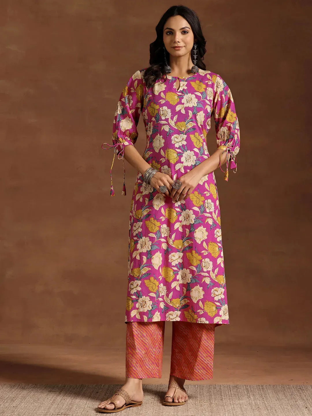  Pink Printed Cotton A-Line Kurta With Palazzos 