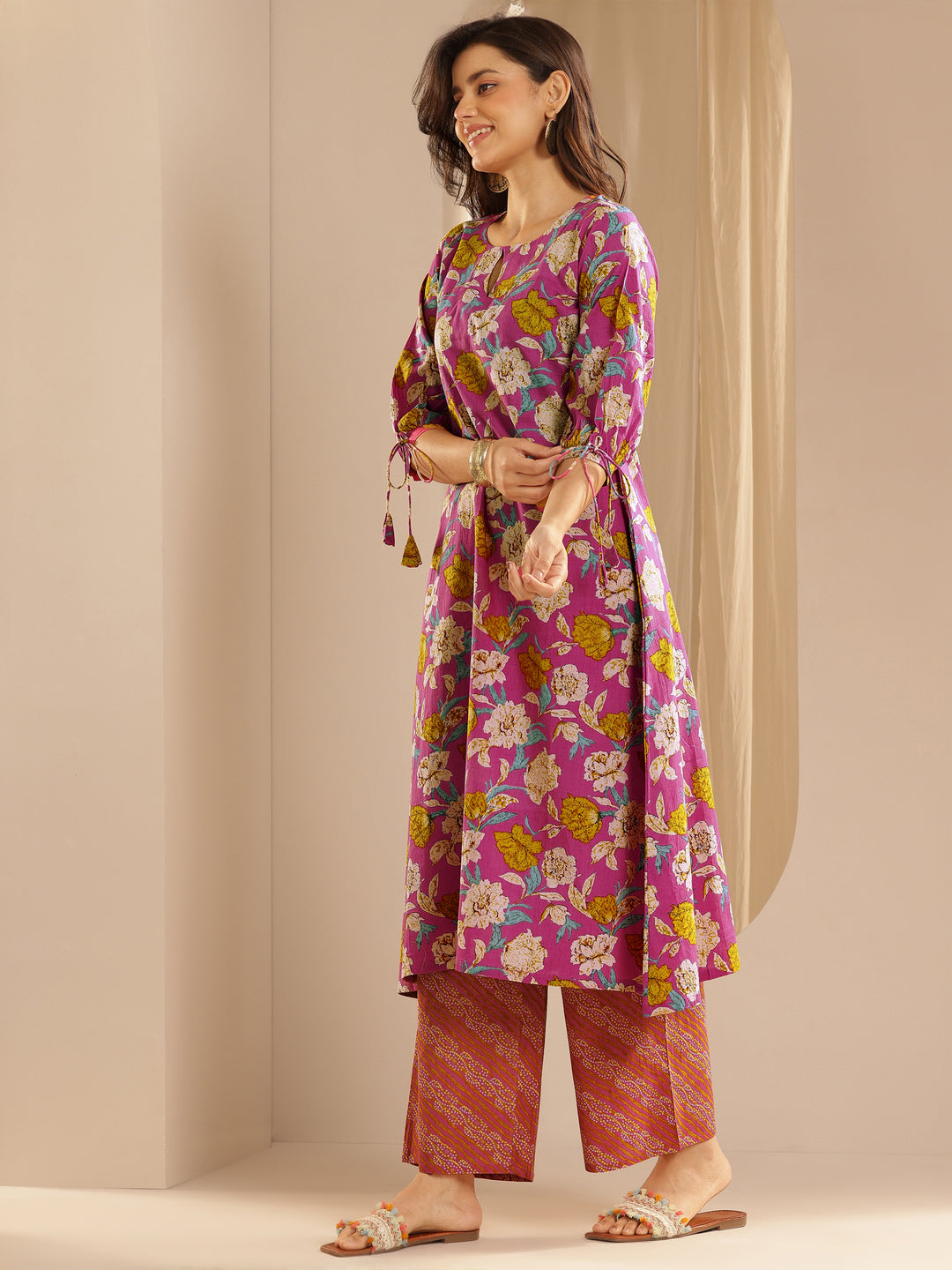  Pink Printed Cotton A-Line Kurta With Palazzos 