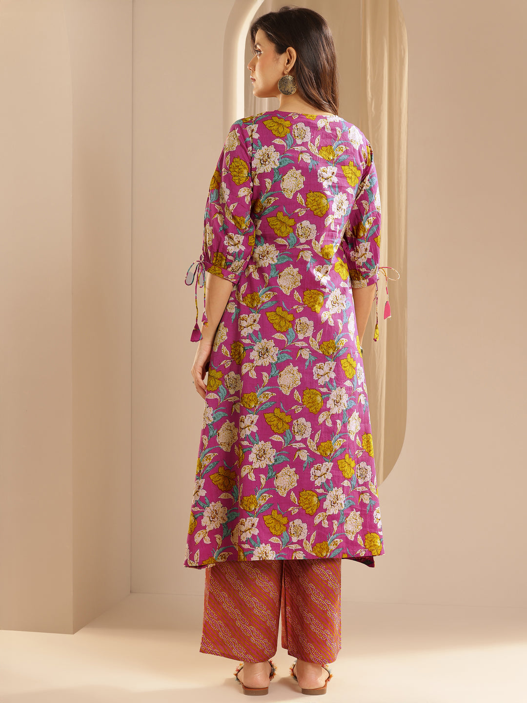  Pink Printed Cotton A-Line Kurta With Palazzos 