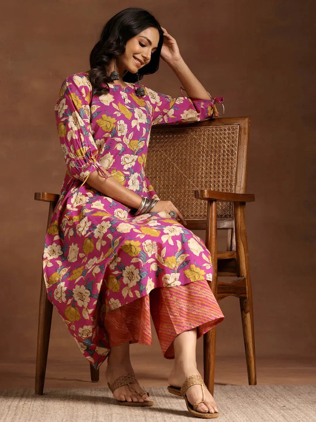  Pink Printed Cotton A-Line Kurta With Palazzos 