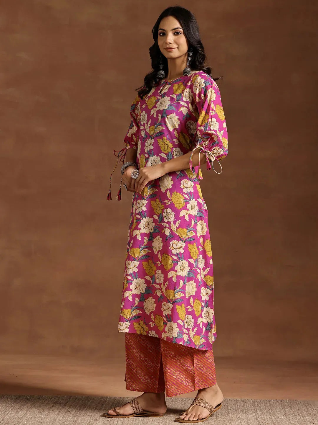  Pink Printed Cotton A-Line Kurta With Palazzos 